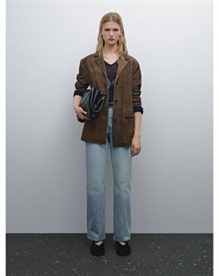 Замшевый кожаный пиджак с карманами, коричневый Massimo dutti