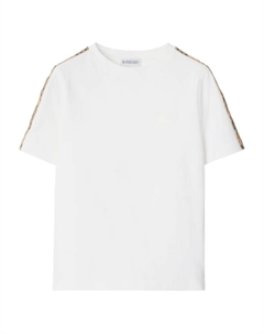 Футболка из хлопка с клетчатой отделкой Kids, белый Burberry