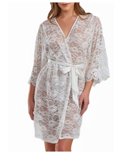 Женский жасминовый мягкий прозрачный кружевной халат с атласным поясом на завязках, белый Icollection
