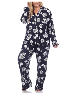 Пижамный комплект больших размеров с длинными рукавами и цветочным принтом, 2 предмета, темно-синий White mark