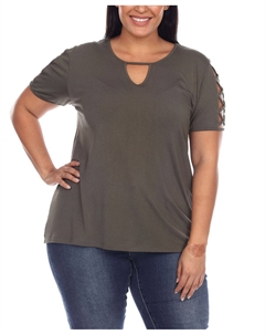 Плюс размер топ с короткими рукавами и вырезом с вырезом «замочная скважина» White mark