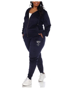 Велюровый спортивный костюм больших размеров со стразами, комплект из 2 предметов, темно-синий White mark