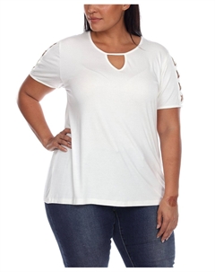 Плюс размер топ с короткими рукавами и вырезом с вырезом «замочная скважина», белый White mark