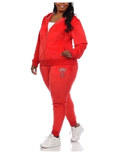 Велюровый спортивный костюм больших размеров со стразами, комплект из 2 предметов, красный White mark