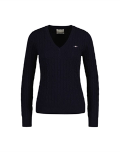 Свитер с косами - эластичный хлопок косы V-образный вырез косы вязка, синий Gant