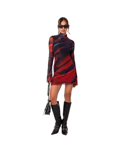 Женское мини-платье из сетчатого принта с салатовым подолом, боковыми разрезами и рукавами-колокольчиками Edikted