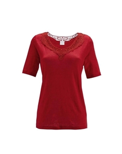 Льняная рубашка с короткими рукавами и тонким кружевным акцентом., красный Madeleine