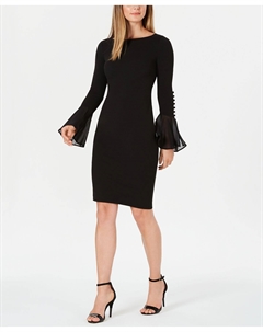 Миниатюрное шифоновое платье-футляр с расклешенными рукавами, черный Calvin klein