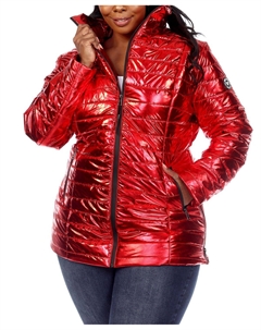 Пуховик больших размеров с эффектом металлик, красный White mark