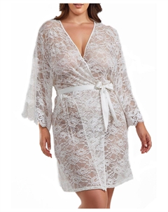 Мягкий прозрачный кружевной халат размера плюс Jasmine с атласным поясом на завязке, белый Icollection