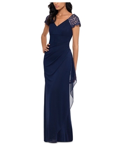 Шифоновое платье с кружевными рукавами, темно-синий Xscape