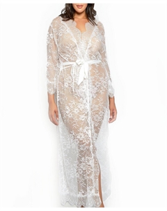 Плюс размер жасминовый кружевной макси-халат с ресничками, белый Icollection