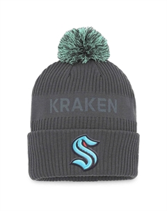 Мужская фирменная темно-серая вязаная шапка Seattle Kraken Authentic Pro Home Ice с манжетами и помпоном Fanatics
