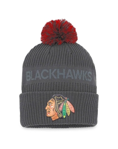 Мужская фирменная темно-серая вязаная шапка Chicago Blackhawks Authentic Pro Home Ice с манжетами и помпоном Fanatics