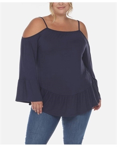 Плюс размер Топ с открытыми плечами и рукавами с рюшами, синий White mark