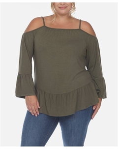 Плюс размер Топ с открытыми плечами и рукавами с рюшами, зеленый White mark