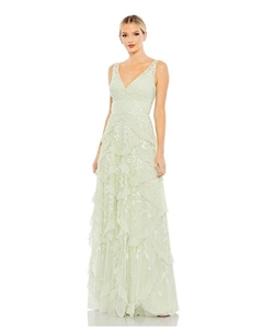 Женское многоярусное платье с V-образным вырезом, расшитое пайетками и фестонами, зеленый Mac duggal