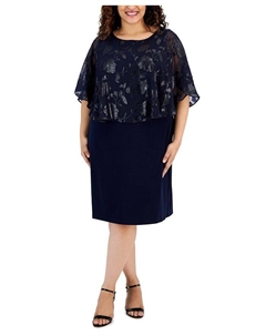 Платье-футляр больших размеров с накидкой и накладным слоем, синий Connected