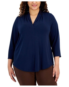 Однотонный топ больших размеров с V-образным вырезом и рукавами 3/4, синий Jm collection