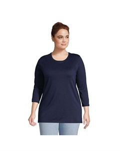 Хлопковая туника Supima с круглым вырезом больших размеров с рукавами 3/4, синий Lands' end