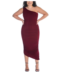 Плюс размер Облегающее платье на одно плечо со складками, цвет Wine 24seven comfort apparel