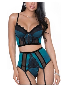 Женский комплект нижнего белья из 3 предметов с атласными и кружевными подвязками класса люкс, синий Icollection
