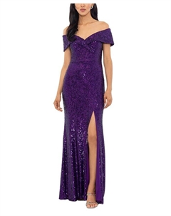 Женское платье с открытыми плечами и пайетками с боковым разрезом, фиолетовый Xscape