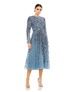 Женское украшенное иллюзионное платье с высоким воротником и длинными рукавами, синий Mac duggal