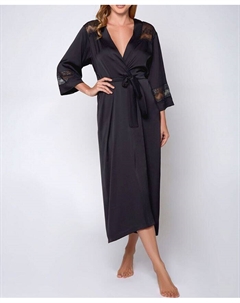 Женский длинный халат из шелковистого эластичного атласа с кружевной отделкой, черный Icollection