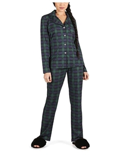 Женский пижамный комплект из смеси хлопка и клетчатого воротника, синий Memoi