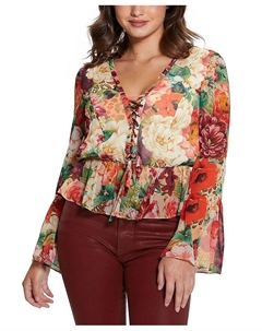 Женский демисезонный топ со шнуровкой и баской с принтом, мультиколор Guess