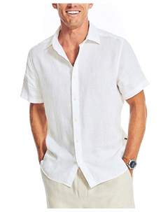 Мужская однотонная льняная рубашка классического кроя с короткими рукавами, белый Nautica