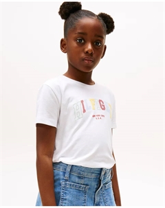 Футболка для девочки с короткими рукавами, прорезиненным логотипом спереди и круглым вырезом, белый Tommy hilfiger
