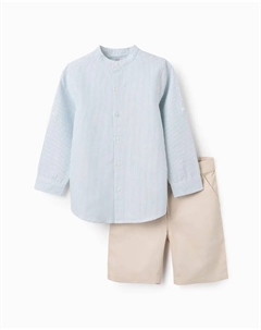 Комплект для мальчика из полосатой рубашки и однотонных шорт-бермуд, светло-голубой Zippy