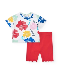 Комплект для девочки с цветочной футболкой и однотонными короткими леггинсами, белый Tuc tuc