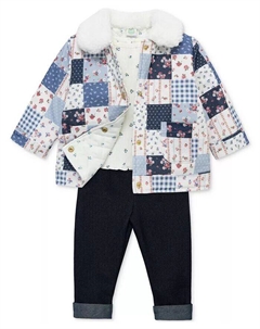 Комплект из куртки в стиле пэчворк, футболки с цветочным принтом и джинсовых брюк для маленьких девочек, синий Little me