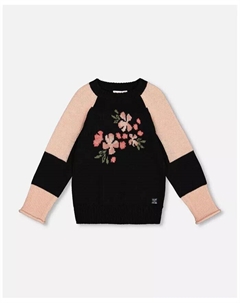 Вязаный свитер с цветными блоками и интарсией для маленьких девочек, черный, черный Deux par deux