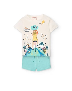 Комплект для девочки из футболки с принтом спереди и однотонных шорт, белый Boboli