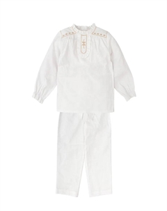 Комплект для девочки, состоящий из вышитой блузки с длинными рукавами и штанишек, белый Babidu