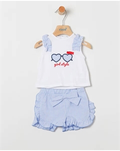 Комплект из футболки без рукавов и полосатых шорт для девочки, светло-голубой Coco acqua