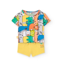 Комплект для мальчика с футболкой с принтом и однотонными шортами, желтый Boboli