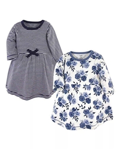 Хлопковые платья с длинными рукавами для маленьких девочек, 2 шт., Темно-синий с цветочным принтом, синий Touched by nature