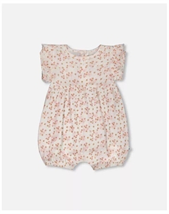 Хлопковый комбинезон для девочек с ажурным узором и оборками, напечатанный белыми и розовыми цветами Deux par deux