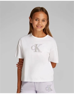 Футболка с короткими рукавами для девочек с металлическим логотипом, белый Calvin klein