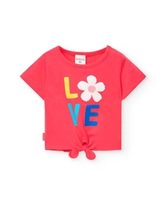 Футболка для девочек с короткими рукавами и узлом снизу, фуксия Boboli