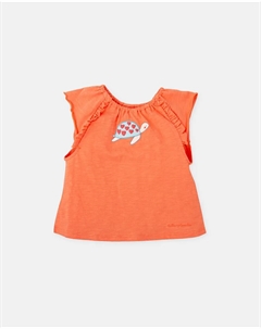 Футболка для девочки кораллового цвета с оборками и черепахой, коралловый Tutto piccolo