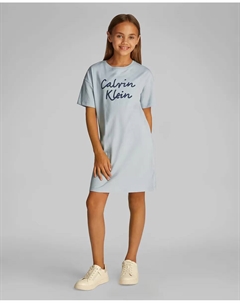 Платье-футболка для девочек с курсивным логотипом, светло-голубой Calvin klein