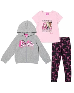 Флисовая толстовка с капюшоном на молнии для девочек, футболка с рисунком и леггинсы, комплект из 3 предметов, серый Barbie
