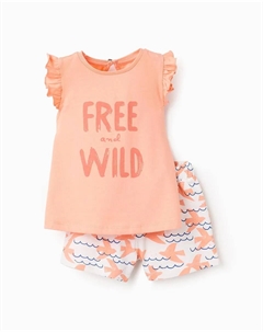 Комплект для девочки с гофрированной футболкой и шортами с принтом, оранжевый Zippy