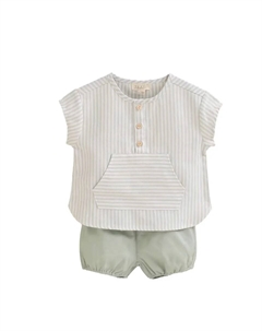 Комплект для мальчика из полосатой рубашки пастельно-зеленого и белого цвета и шорт темно-пастельно-зеленого цвета, зеленый Dadati